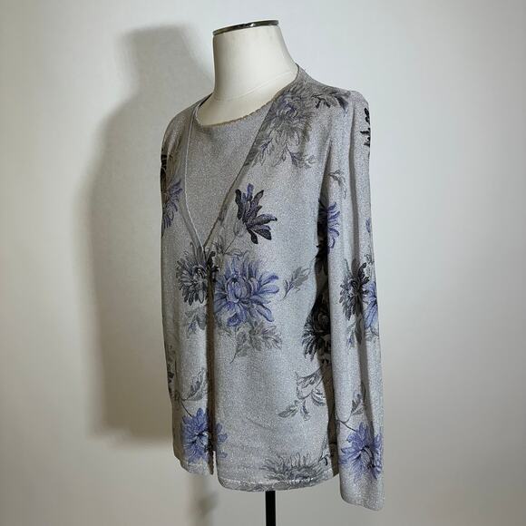 Alfred Dunner Gray Floral Glitter Long Sleeve Layered Blouse Womens Size Small S - Picture 4 of 9